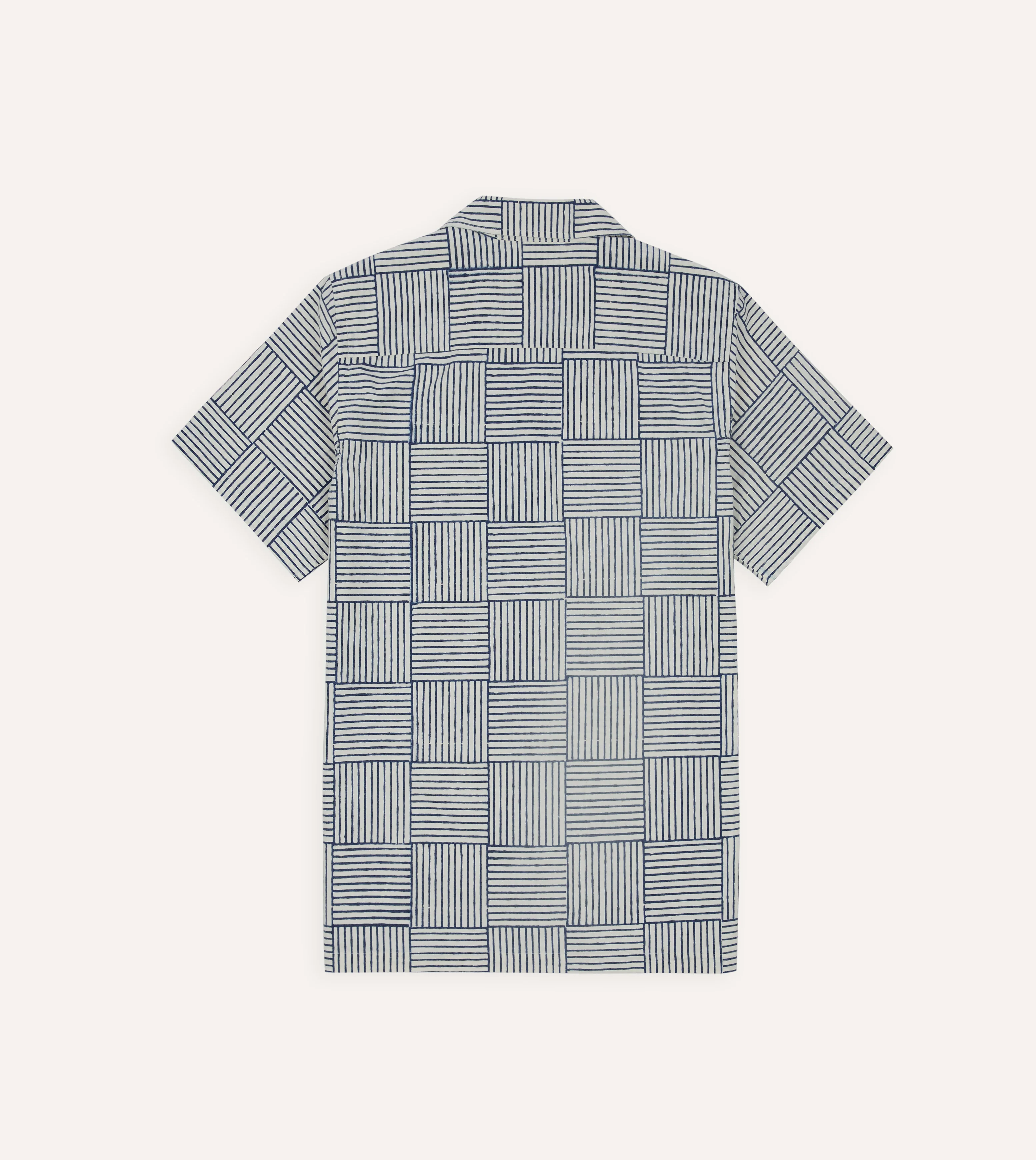 Navy Weave Block Print Cotton Camp Collar Short Sleeve Shirt - Image 6