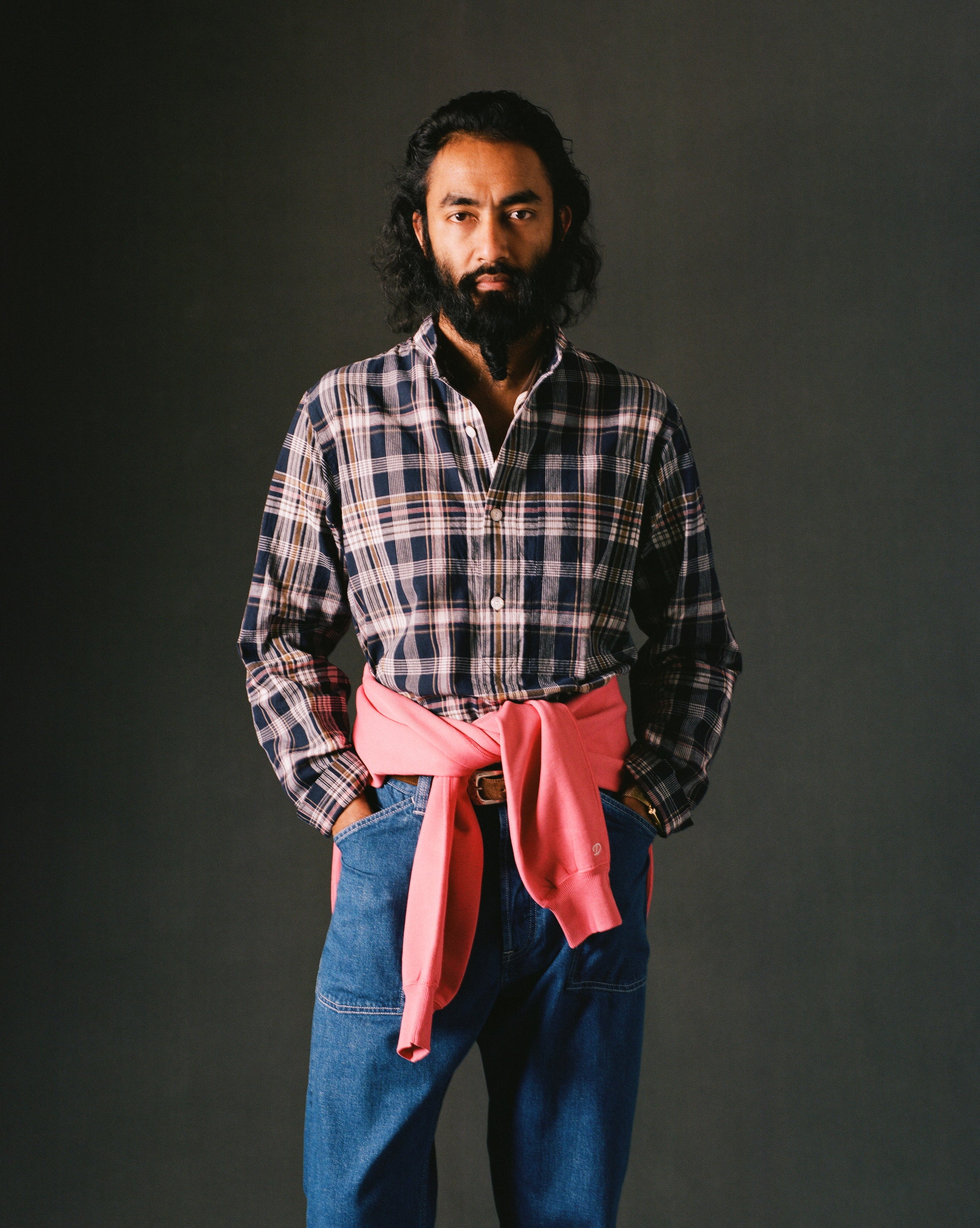 Navy, White and Yellow Madras Check Cotton Mandarin Collar Popover Shirt - Image 2