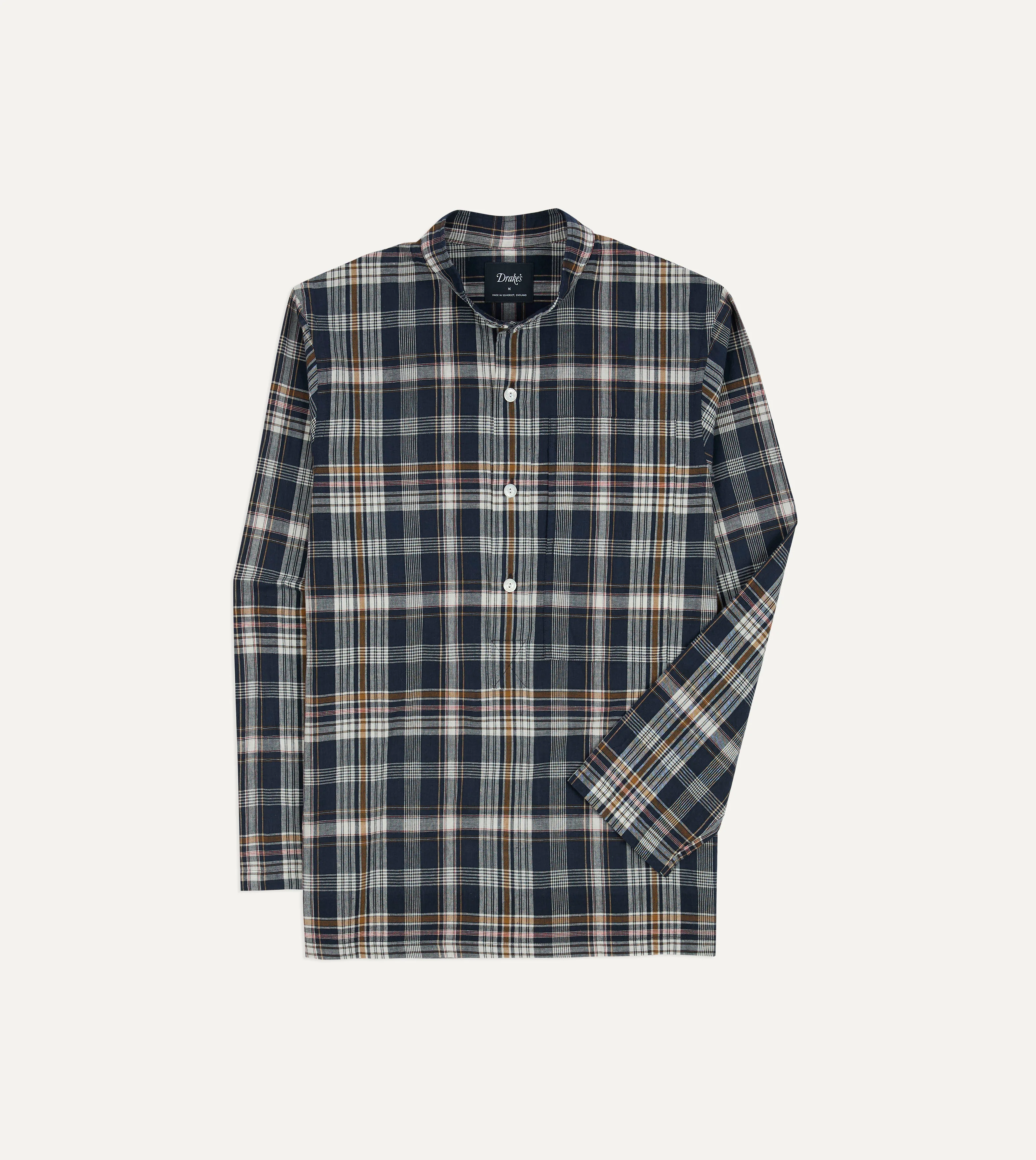 Navy, White and Yellow Madras Check Cotton Mandarin Collar Popover Shirt - Image 3