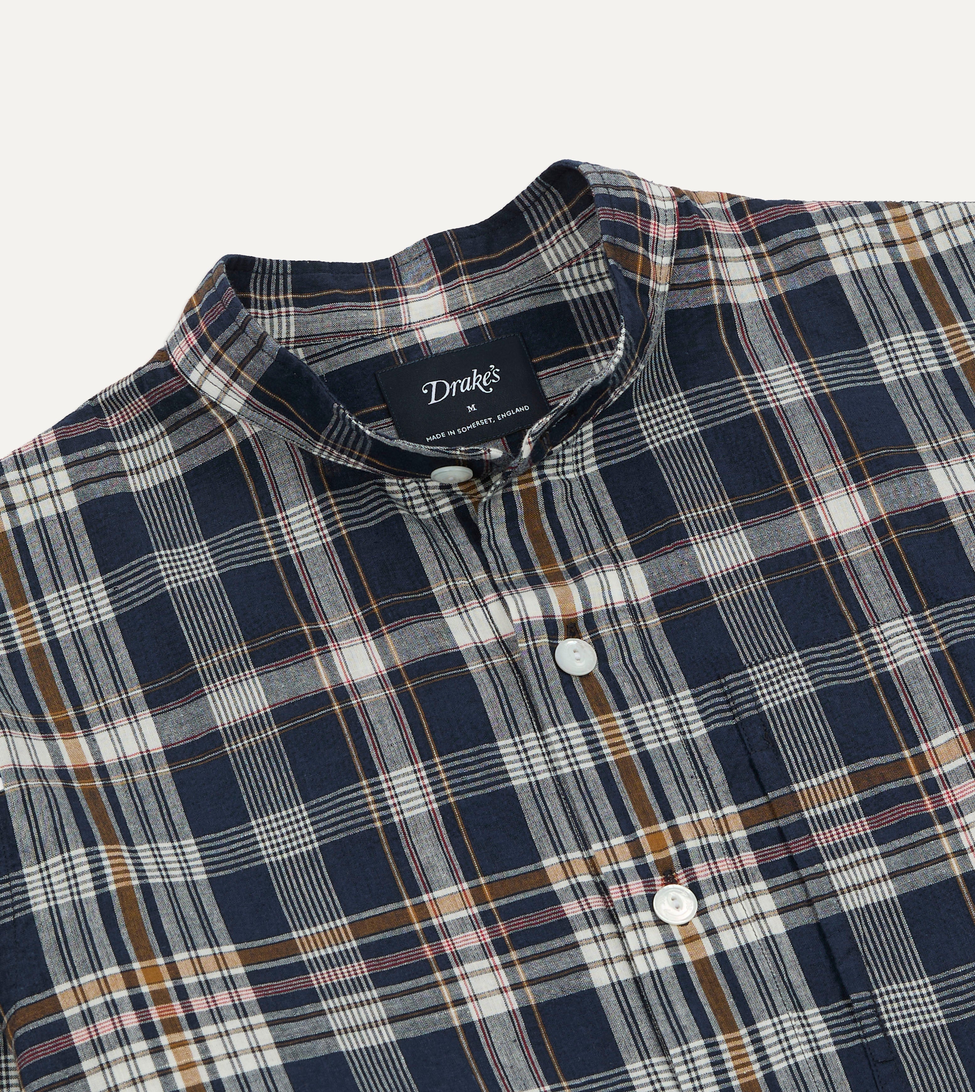 Navy, White and Yellow Madras Check Cotton Mandarin Collar Popover Shirt - Image 5
