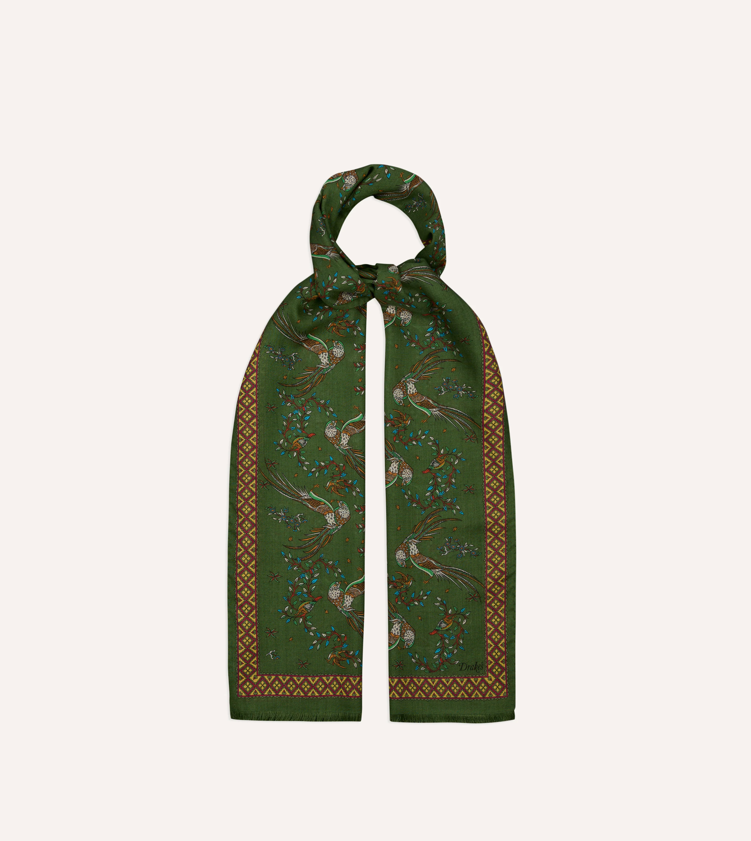 Olive Birds of Paradise Print Wool Silk Scarf - Image 4