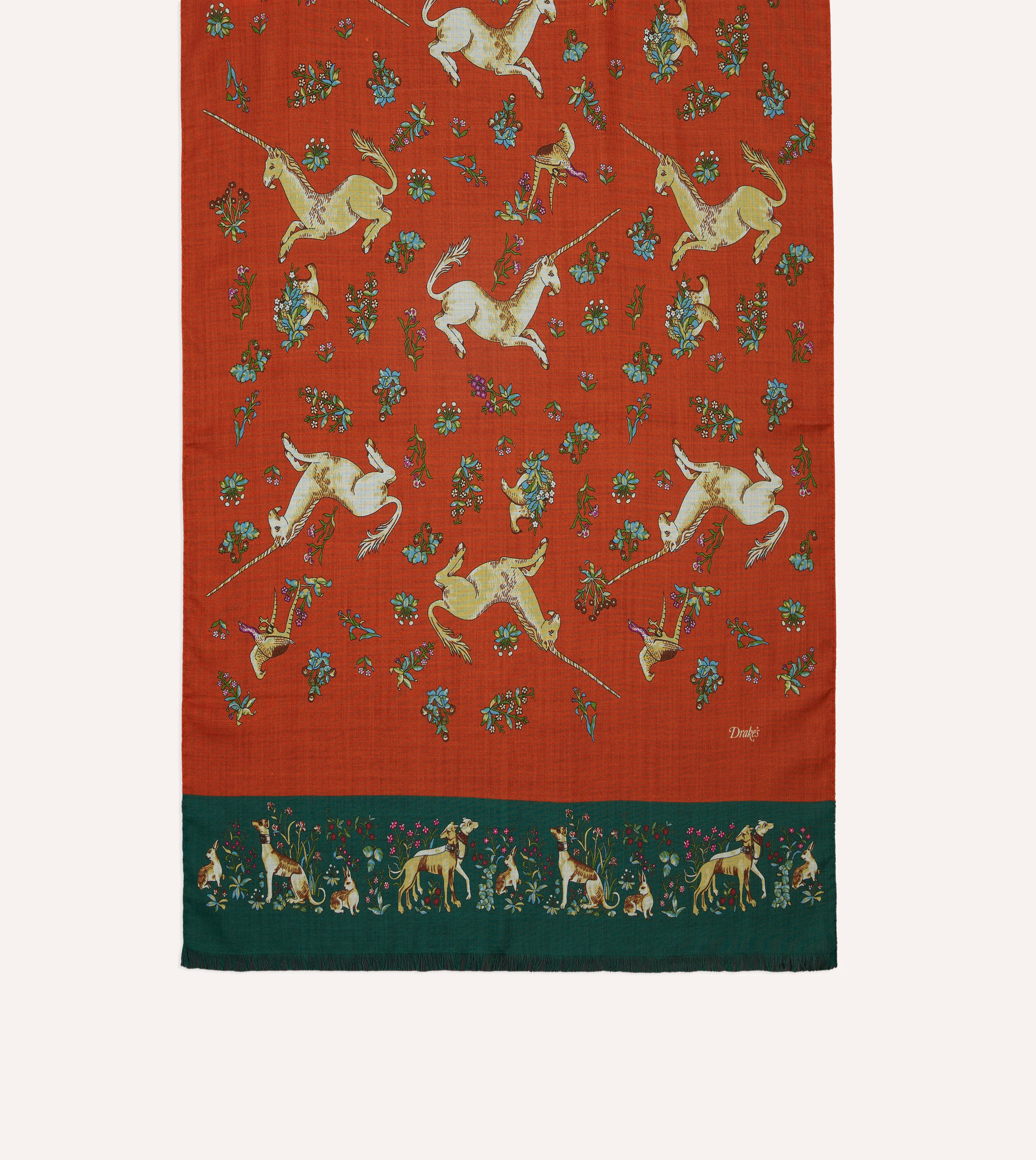 Orange and Green Unicorn Print Tubular Wool Silk Scarf - Image 3