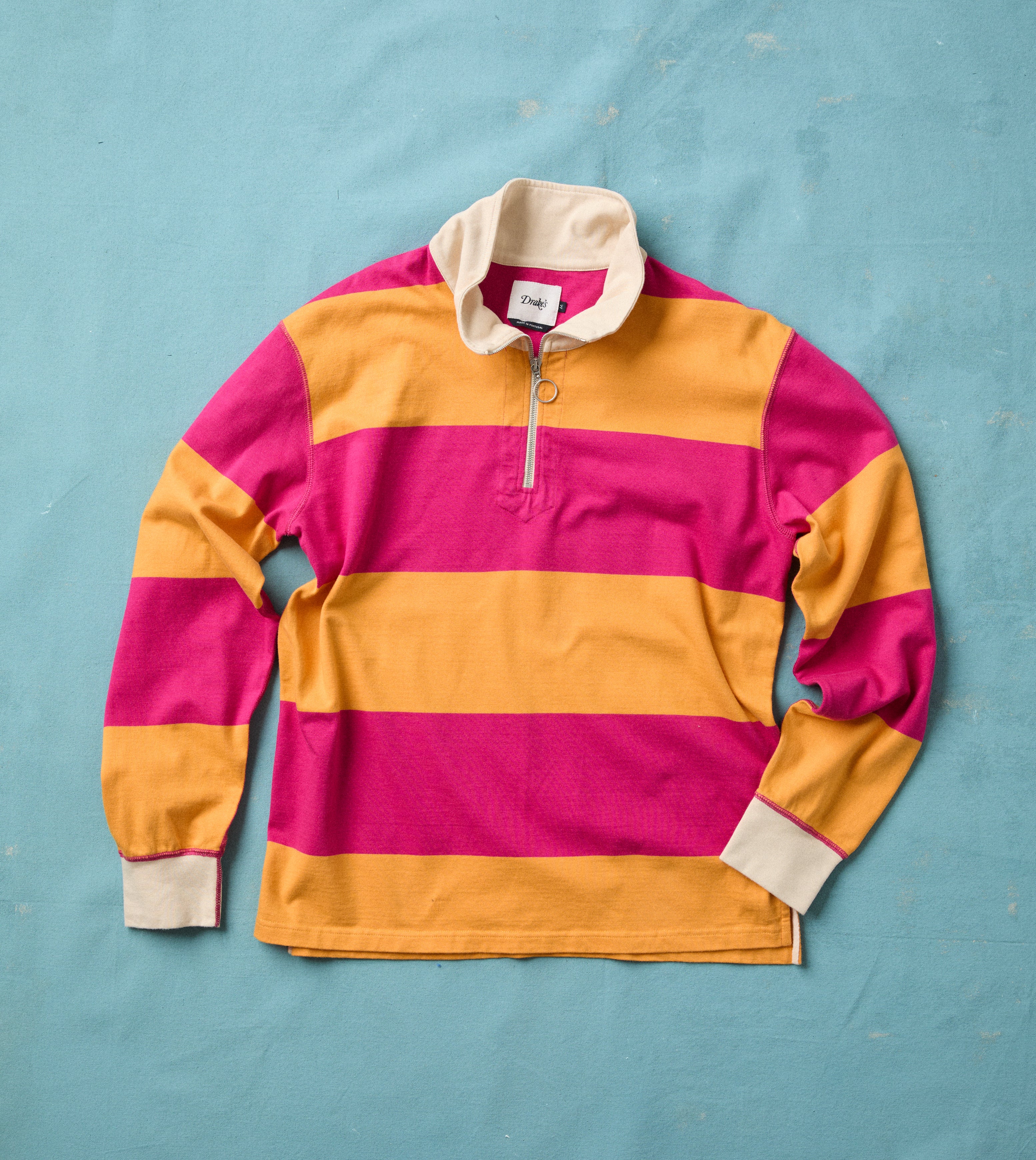 Pink and Orange Block Stripe Cotton Quarter Zip Rugby Shirt