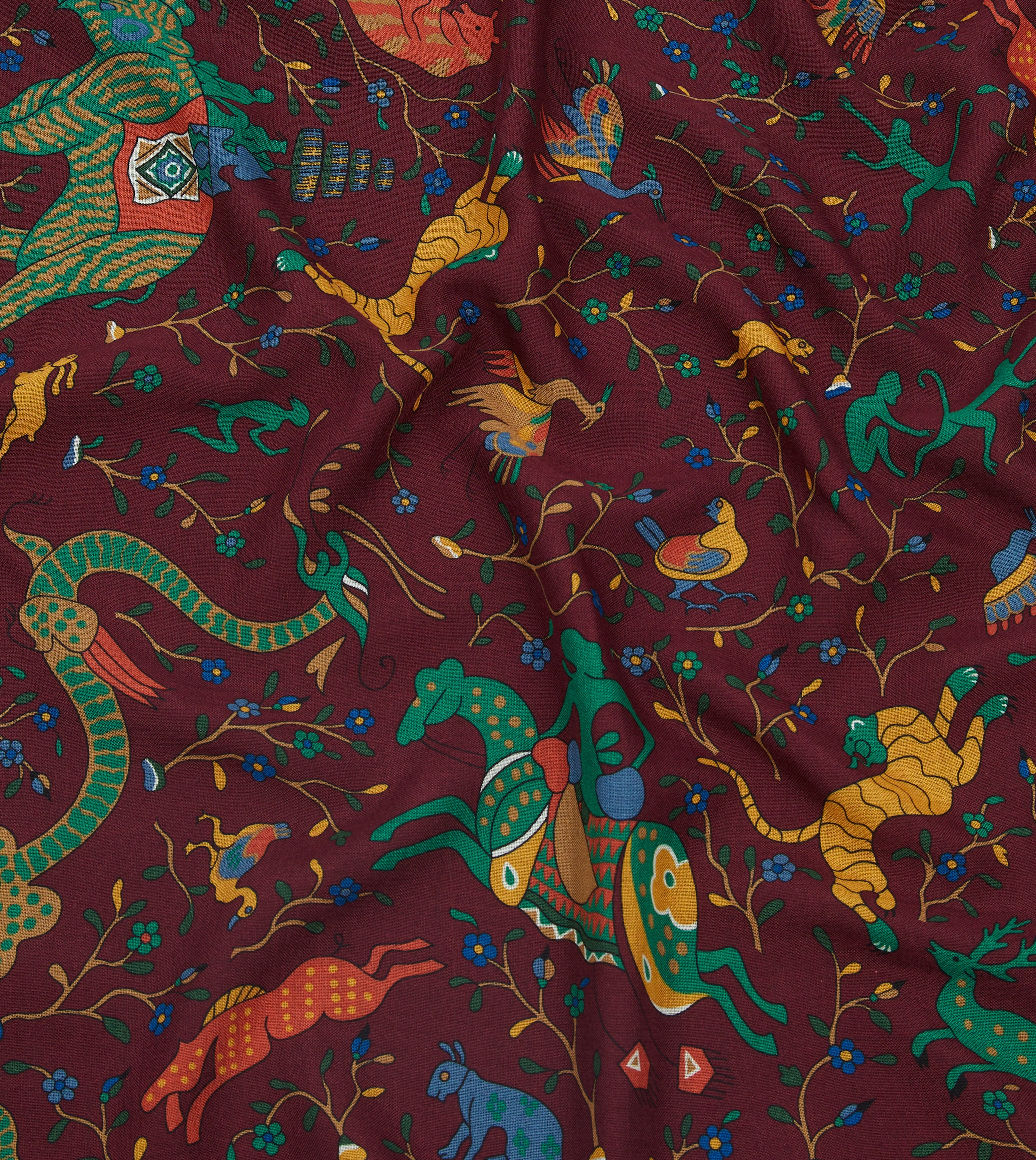 Red Mythical Animals Print Wool-Silk Bandana - Image 2