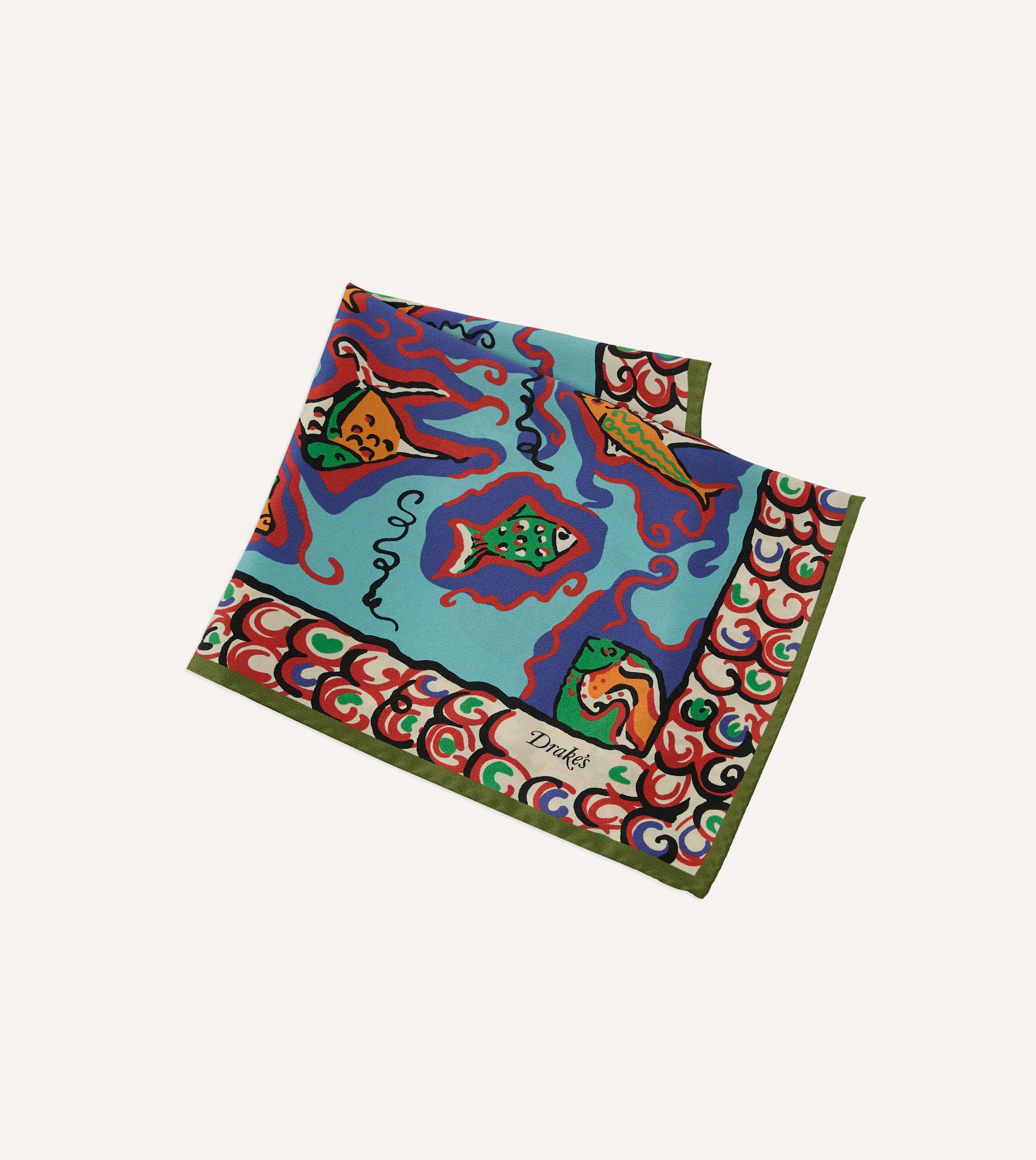 Teal Fish Print Silk Pocket Square - Image 4