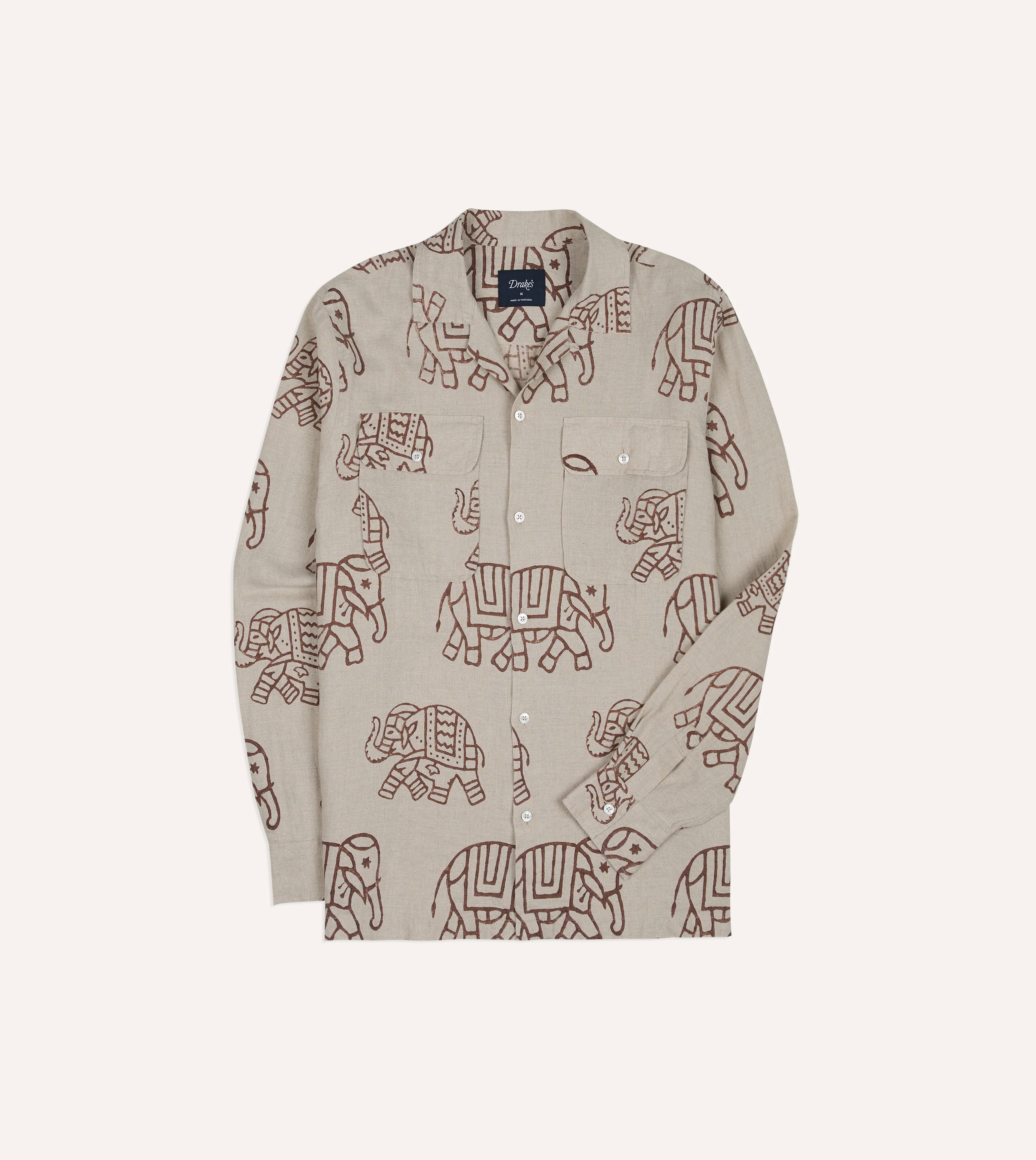 White Elephant Block Print Linen Camp Collar Long Sleeve Shirt - Image 2
