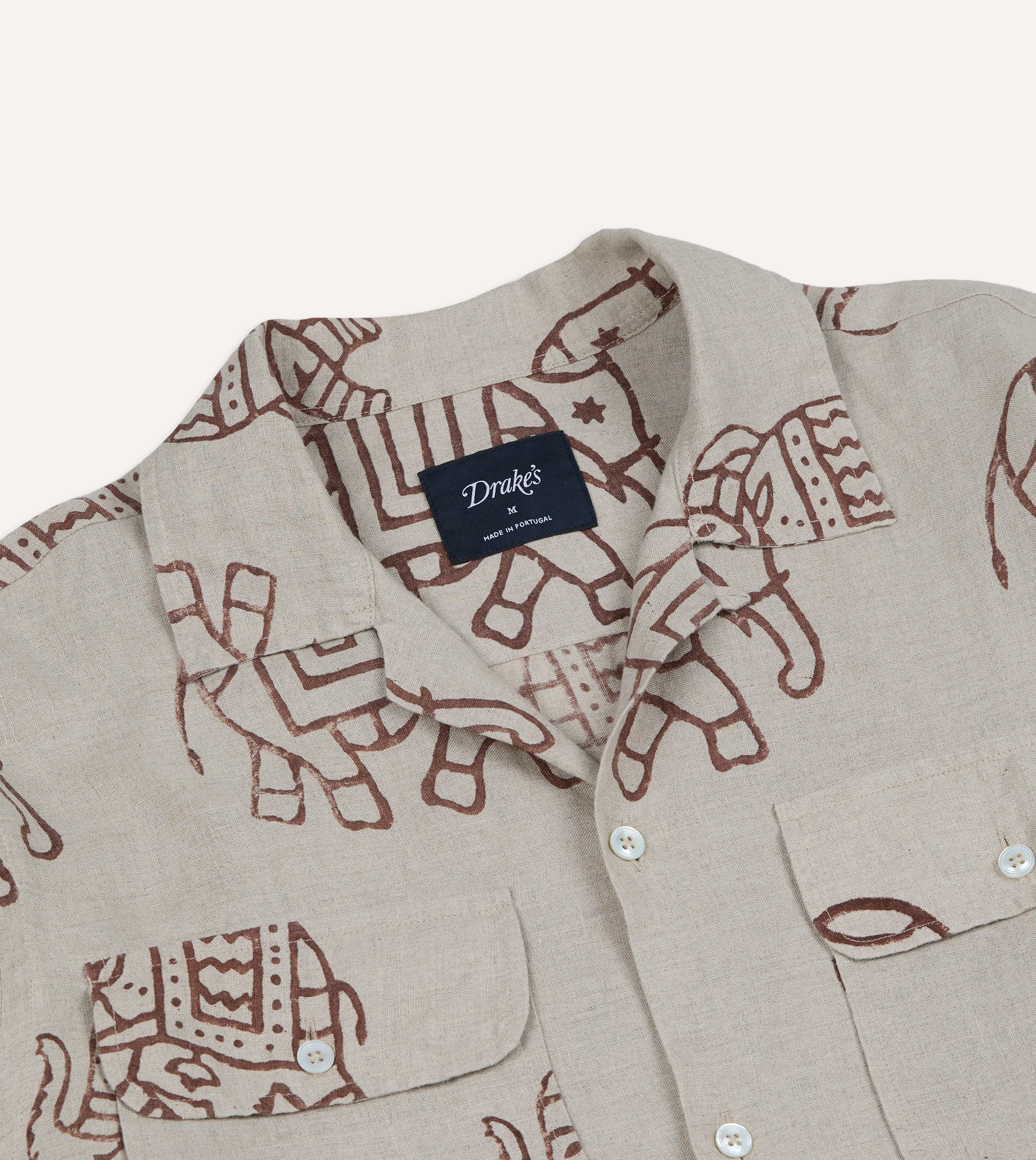 White Elephant Block Print Linen Camp Collar Long Sleeve Shirt - Image 4