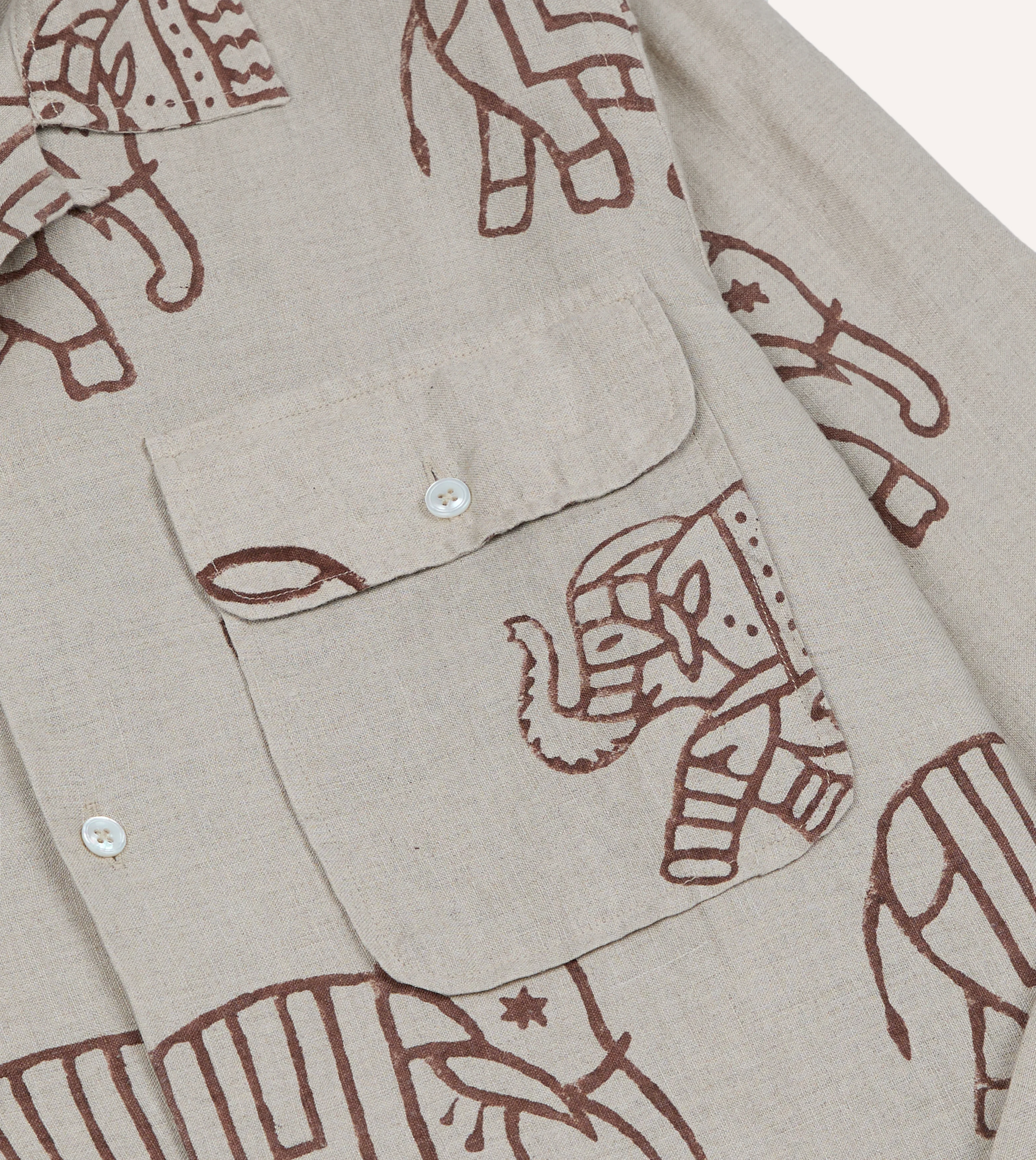 White Elephant Block Print Linen Camp Collar Long Sleeve Shirt - Image 5