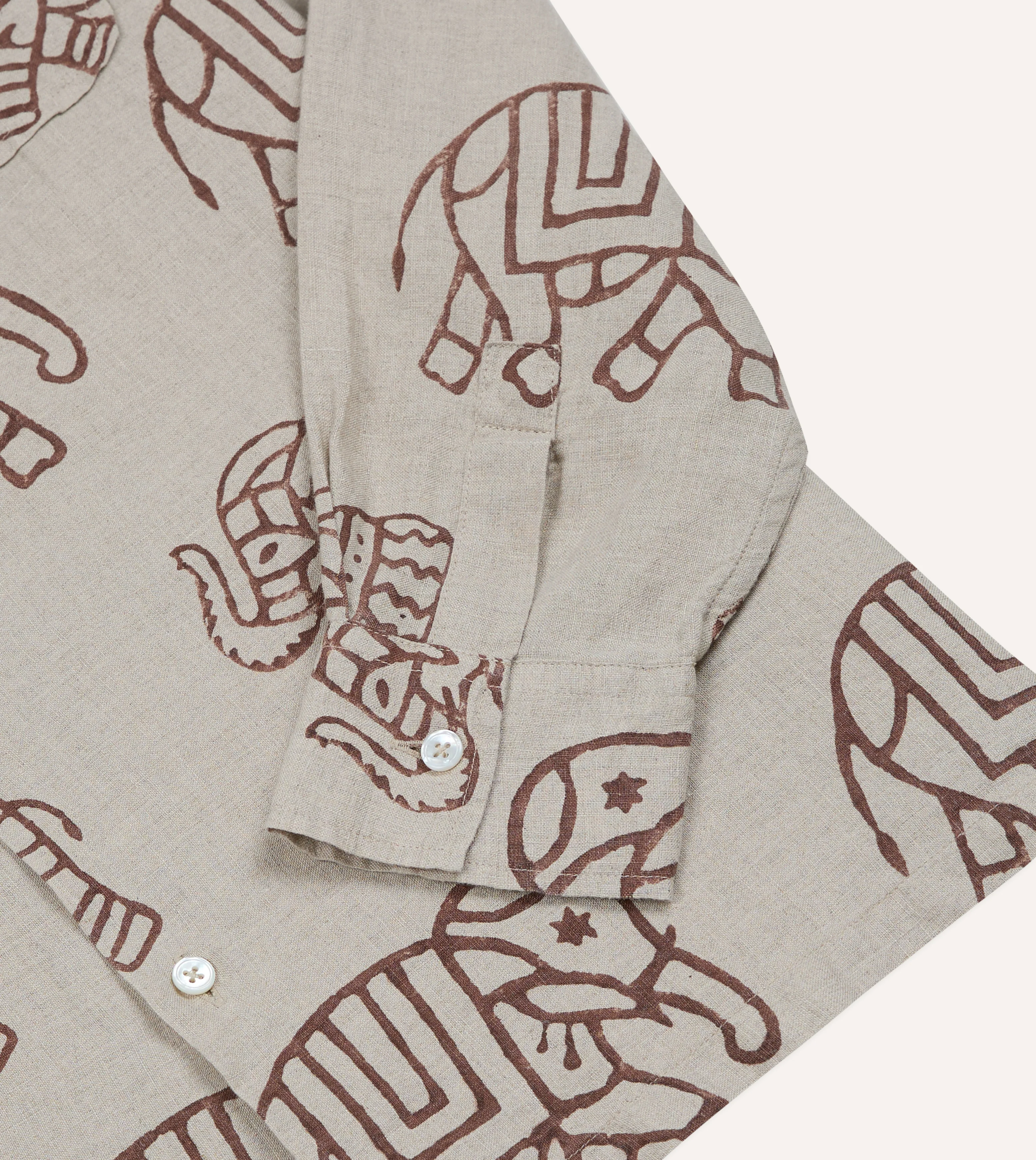 White Elephant Block Print Linen Camp Collar Long Sleeve Shirt - Image 6