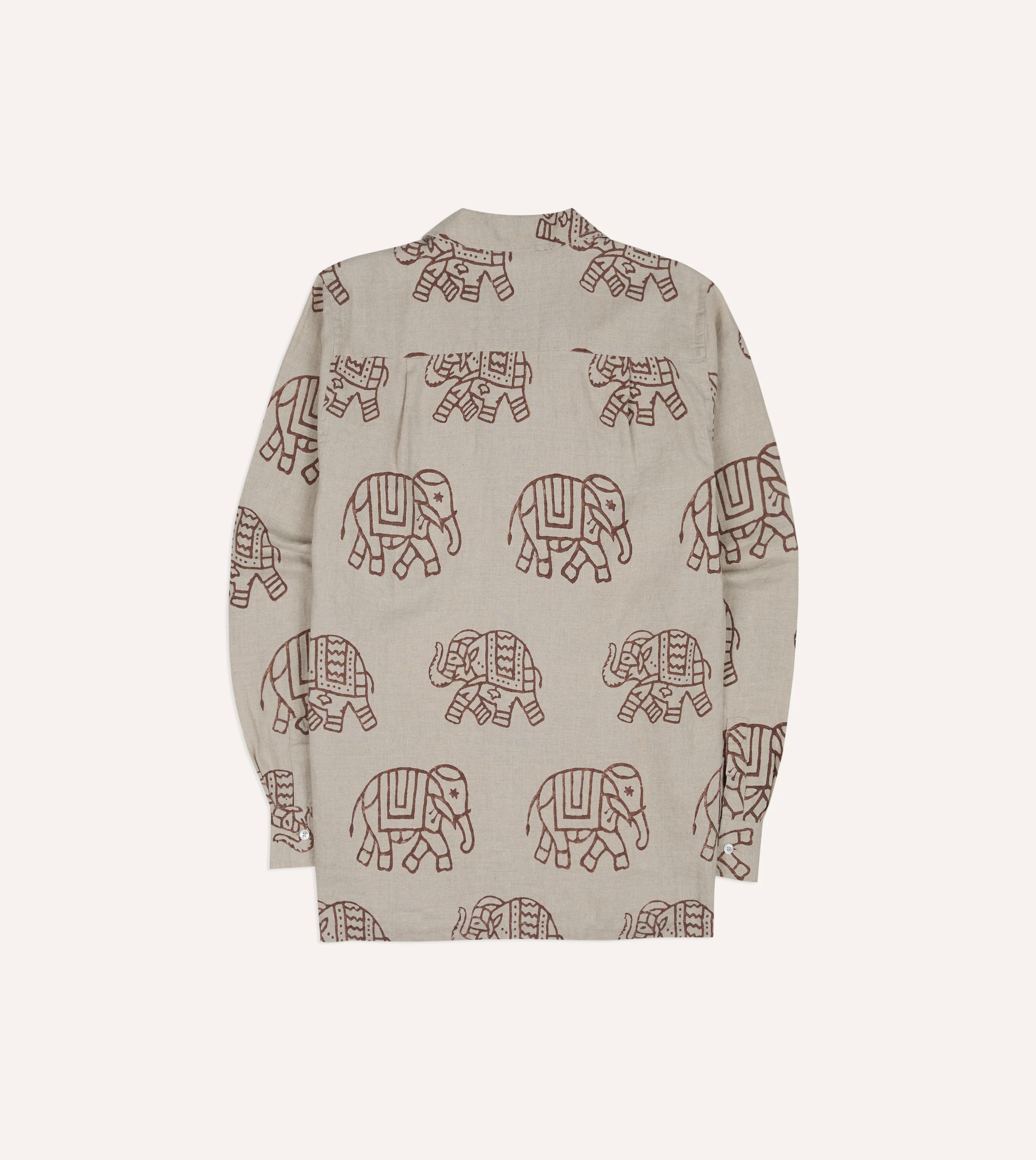 White Elephant Block Print Linen Camp Collar Long Sleeve Shirt - Image 7