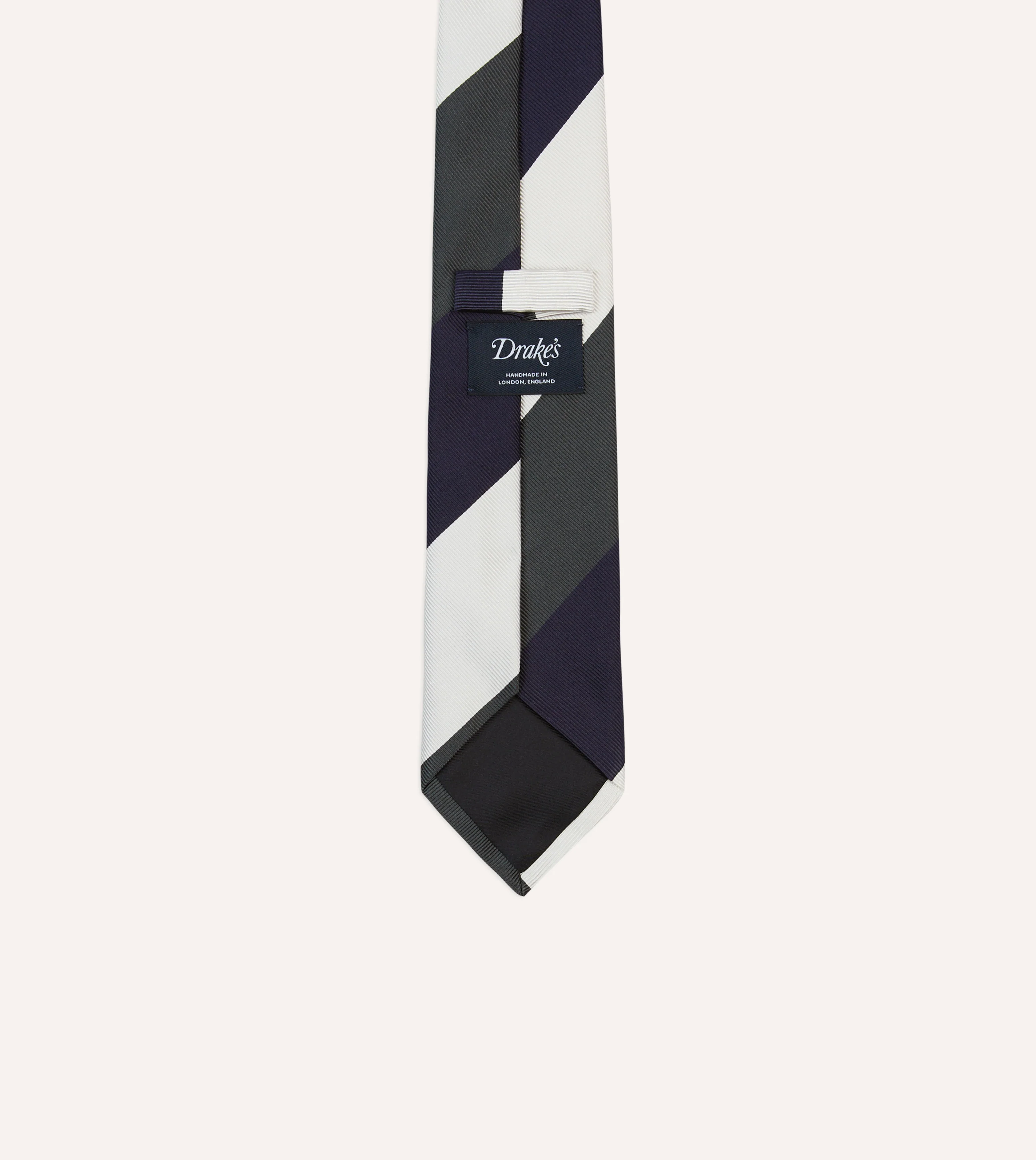 White, Navy and Grey Wide Stripe Repp Silk Tipped Tie - Image 4