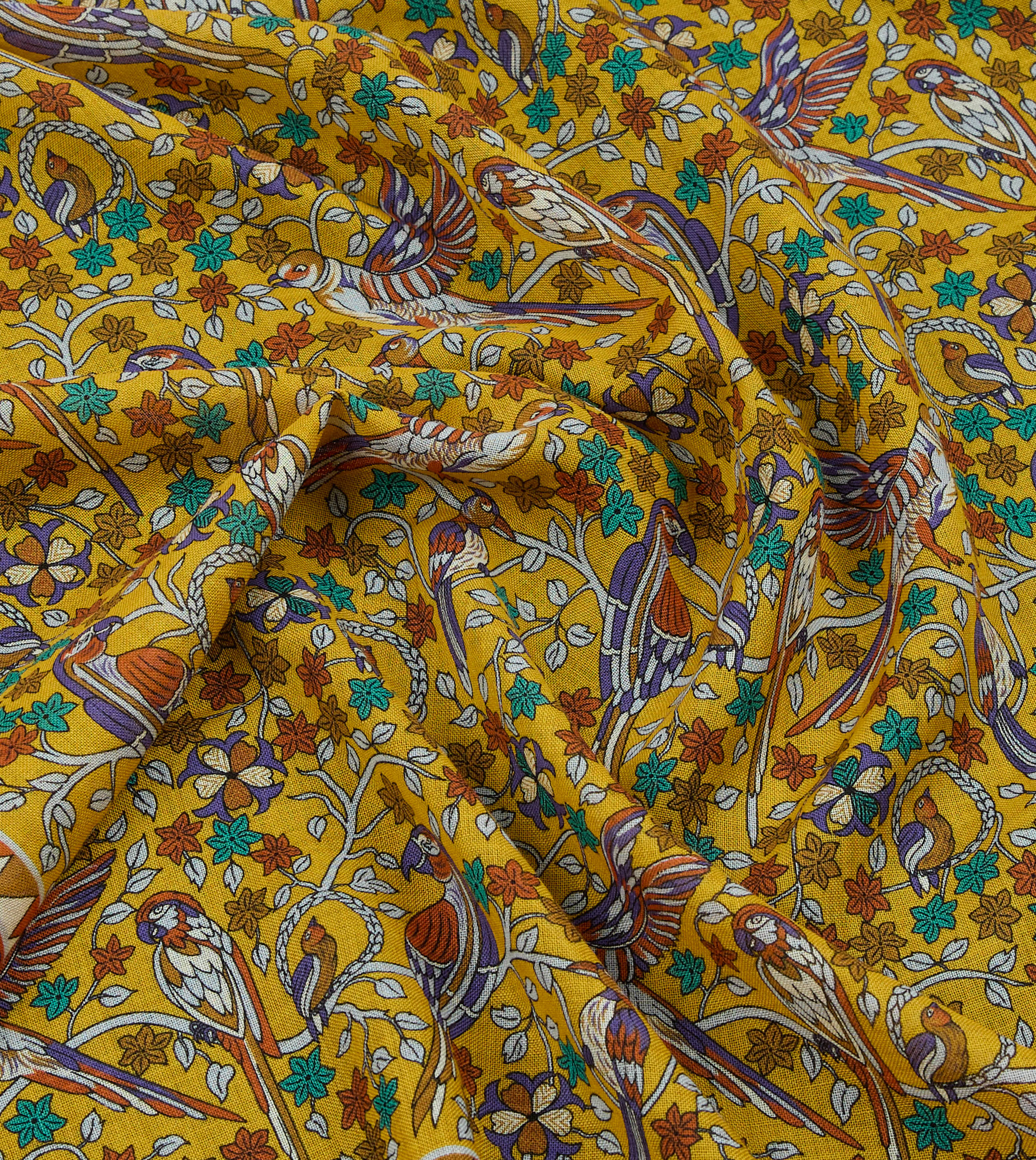 Yellow Birds and Flowers Print Wool-Silk Scarf - Image 2