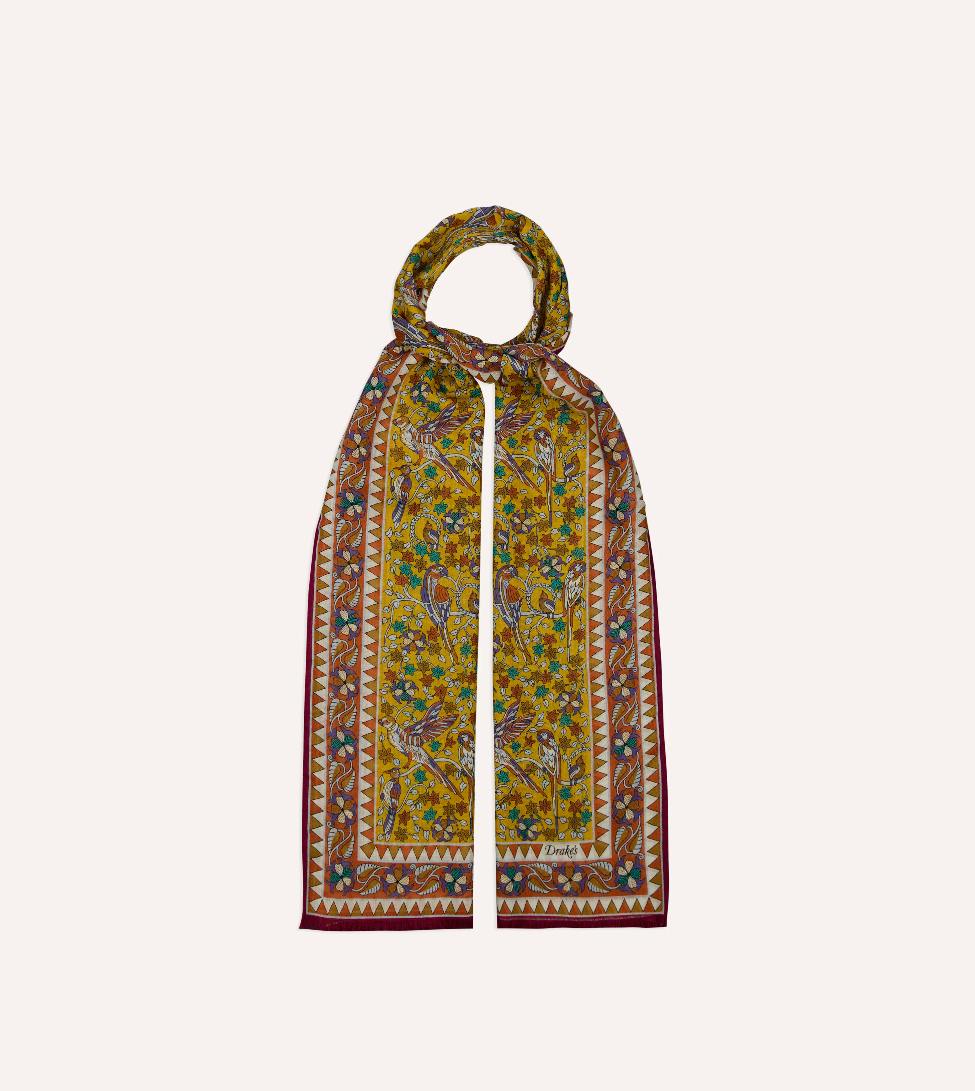Yellow Birds and Flowers Print Wool-Silk Scarf - Image 3
