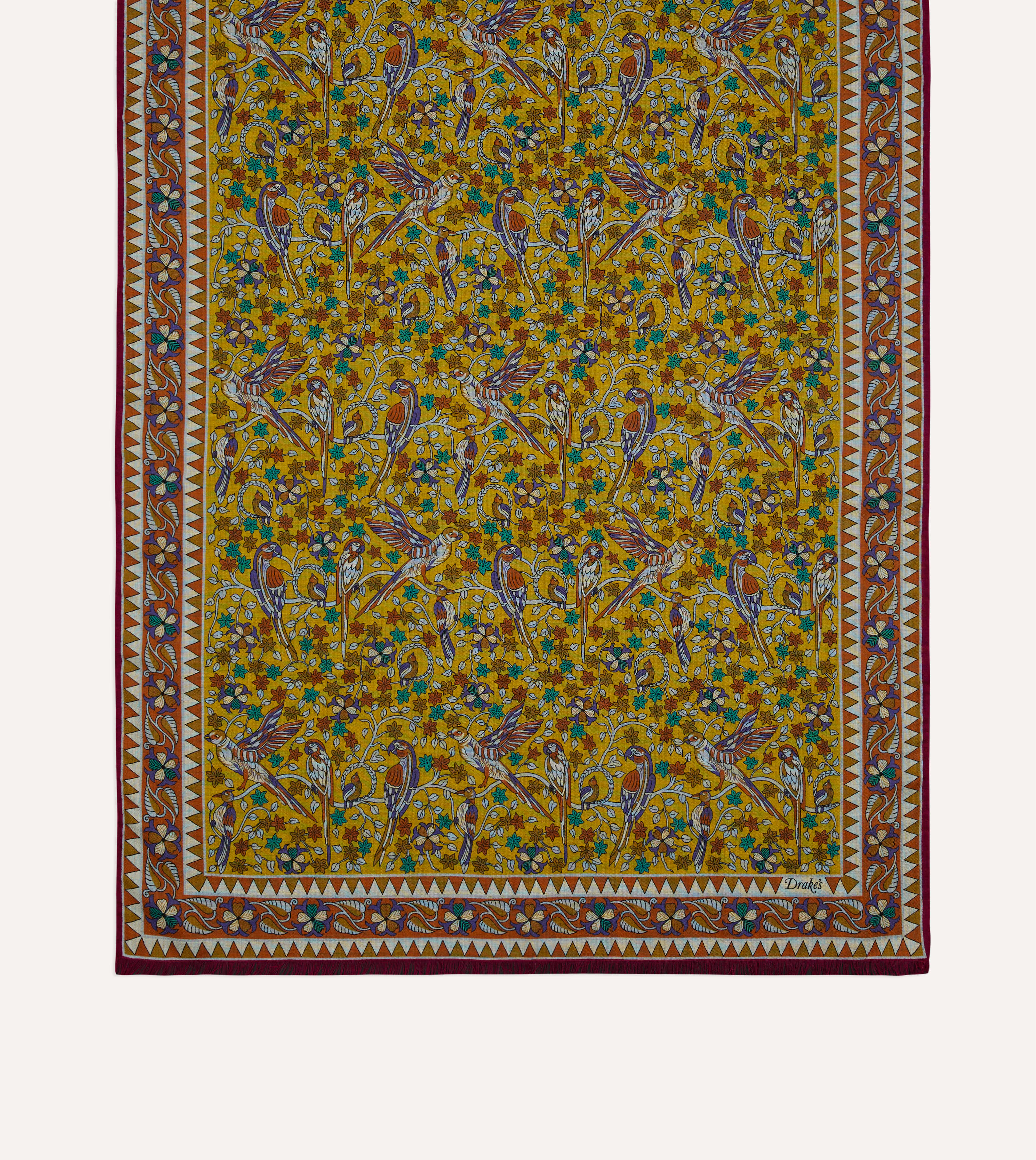 Yellow Birds and Flowers Print Wool-Silk Scarf - Image 4