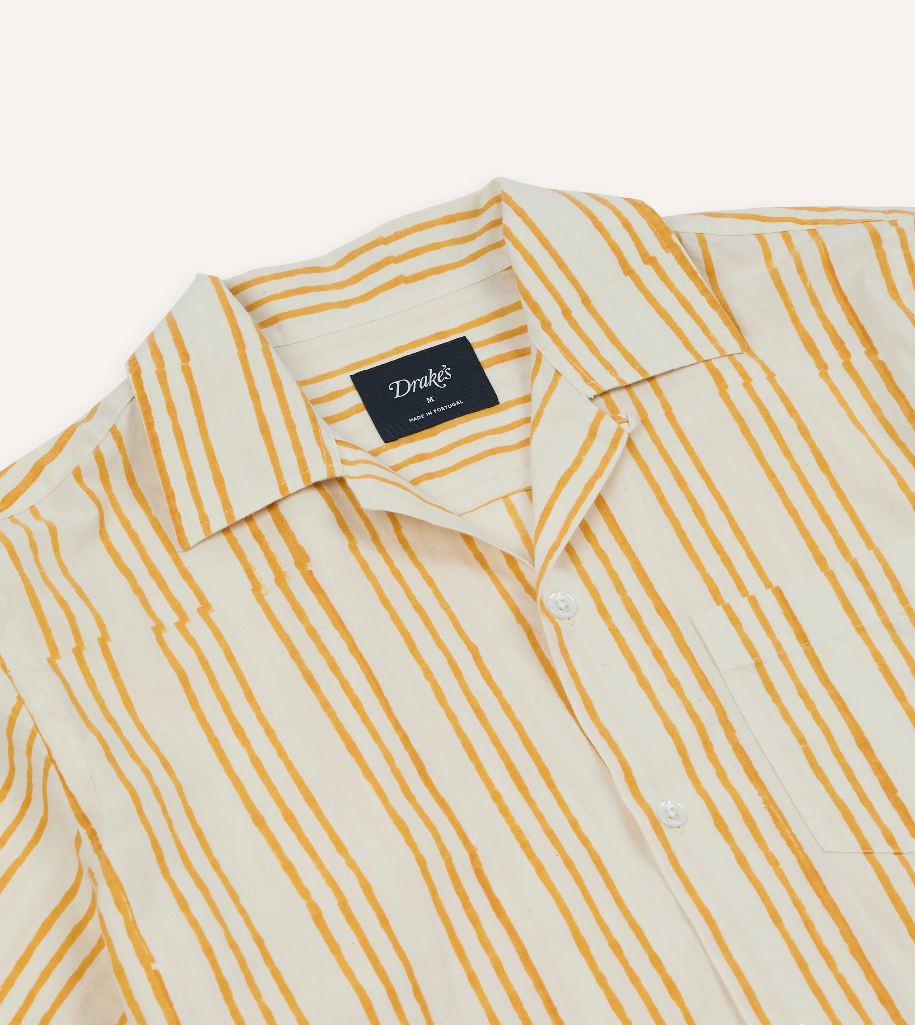 Yellow Triple Stripe Block Print Cotton Camp Collar Short Sleeve Shirt - Image 4